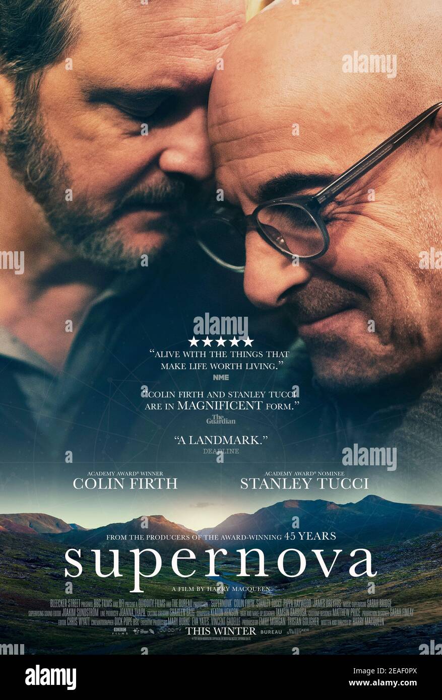 Supernova (2020) directed by Harry Macqueen and starring Colin Firth, Stanley Tucci and Pippa Haywood. Sam and Tusker who has dementia travel across England in their old RV visiting the friends, family and places from their past. Stock Photo