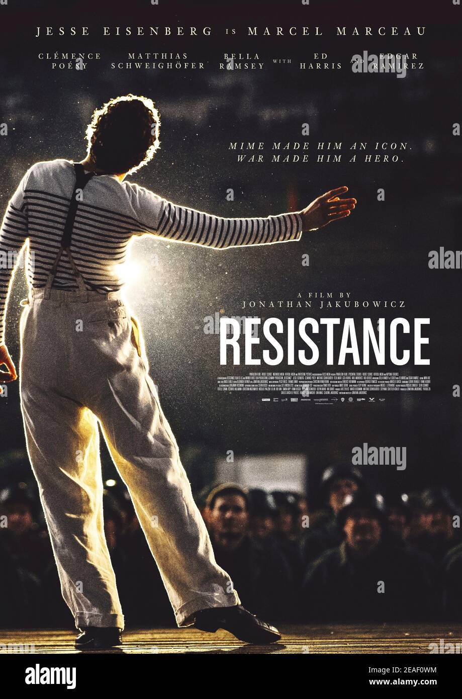 Resistance  (2020) directed by Jonathan Jakubowicz and starring Jesse Eisenberg, Clémence Poésy and Matthias Schweighöfer. The story of mime Marcel Marceau as he works with a group of Jewish boy scouts and the French Resistance to save the lives of ten thousand orphans during World War II. Stock Photo