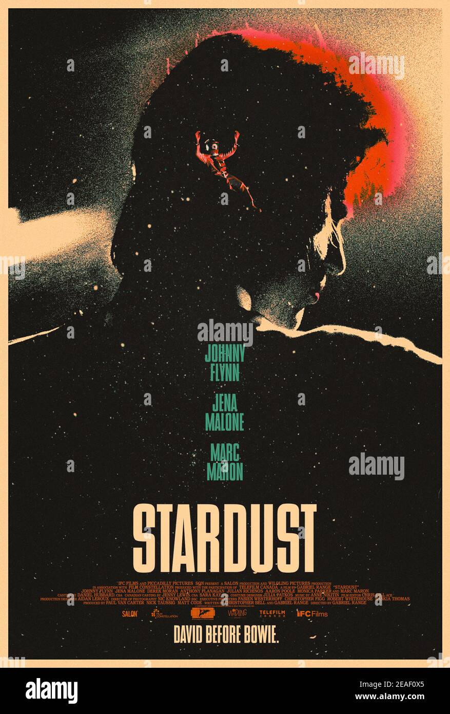 Stardust (2020) directed by Gabriel Range and starring Johnny Flynn, Marc Maron and Jena Malone. Stardust will chronicle the young David Bowie's first visit to the US in 1971 - a trip that inspired the invention of his iconic alter ego Ziggy Stardust. Stock Photo