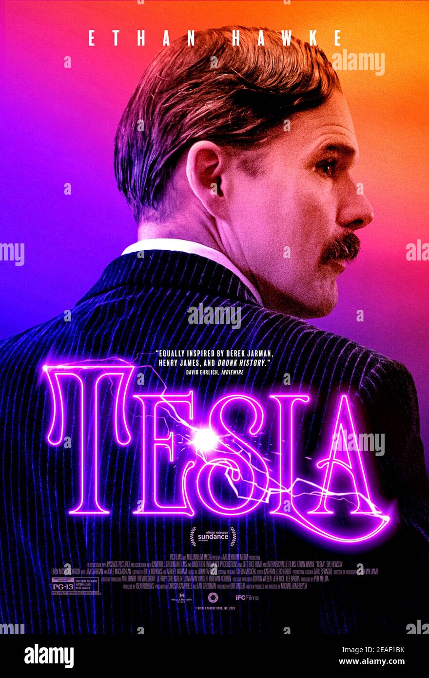 Tesla (2020) directed by Michael Almereyda and starring Ethan Hawke, Eve Hewson and Eli A. Smith. Bio pic about visionary inventor Nikola Tesla and his breakthroughs in transmitting electrical power and light. Stock Photo
