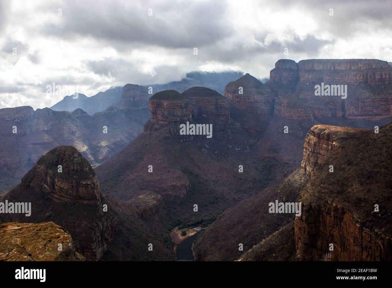 Sun breaking through the cloud cover above the Blydepoort Canyon, the world’s largest green canyon, part of the eastern Escarpment of South Africa Stock Photo