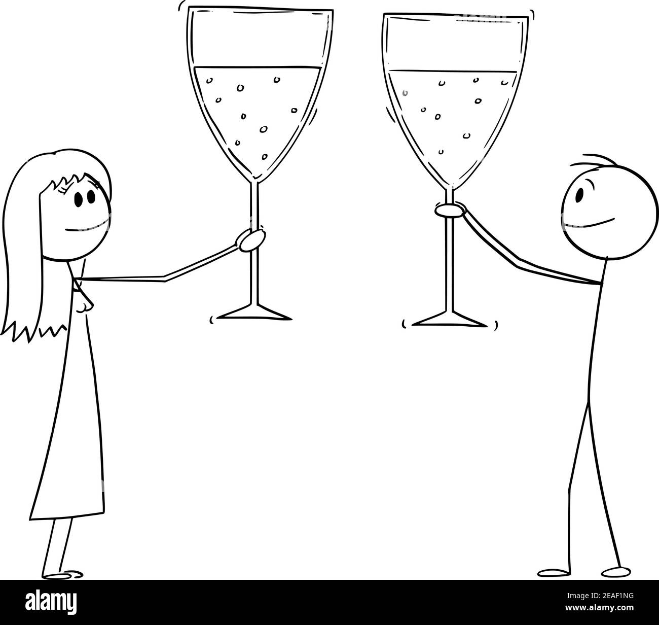 Man and woman or businessman celebrating success with big glasses of wine or champagne, vector cartoon stick figure or character illustration. Stock Vector