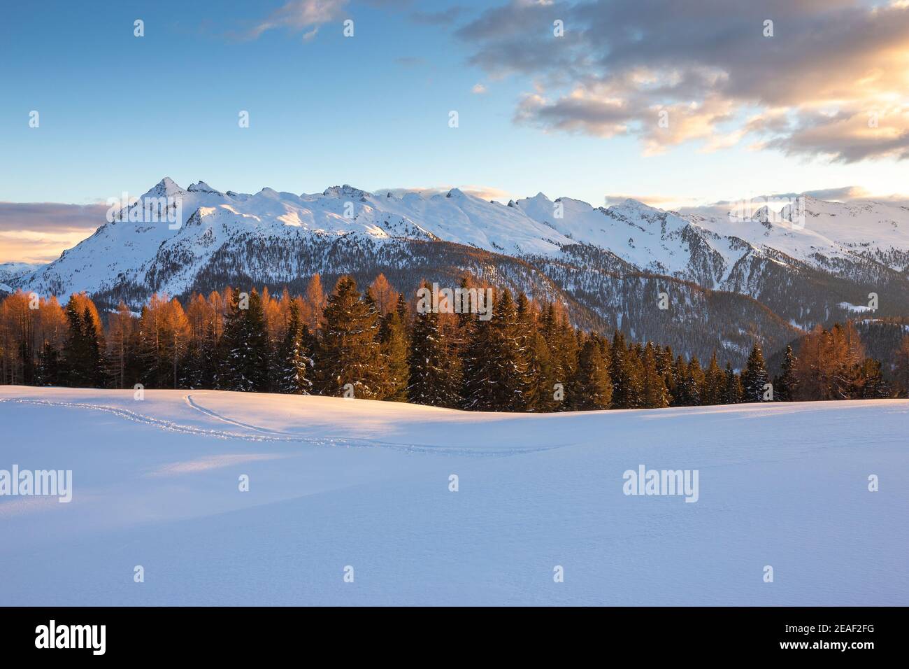 View on tha Lagorai mountain group. Winter season. Sunlight at sunset. Trentino. Italian Alps. Europe. Stock Photo