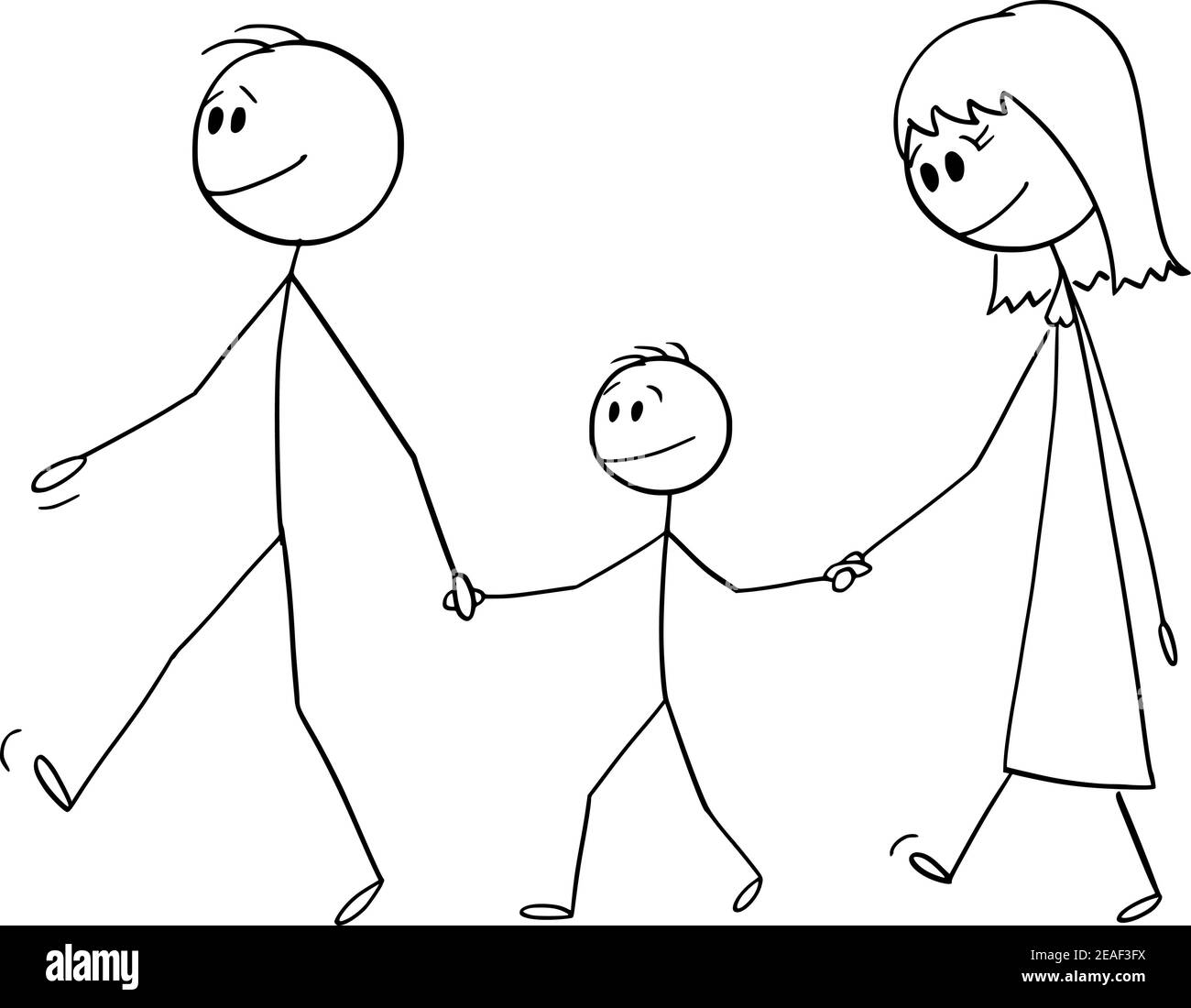 Parents with son or family on walk together, vector cartoon stick figure or character illustration. Stock Vector