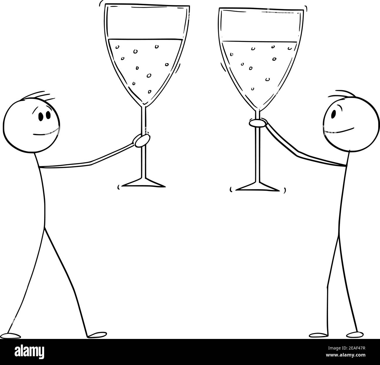 Two men or businessmen celebrating success with big glasses of wine or champagne, vector cartoon stick figure or character illustration. Stock Vector