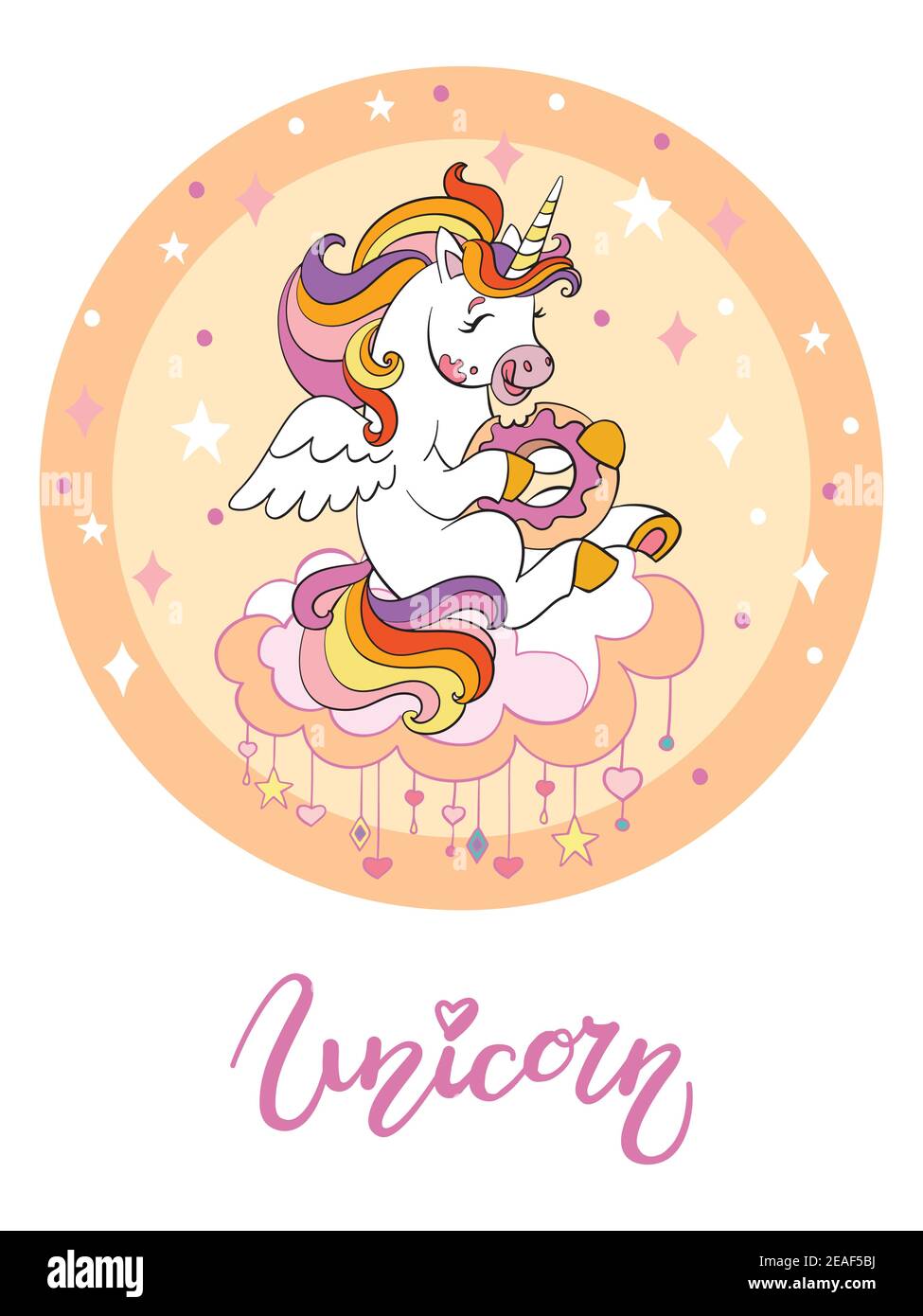 Cute cartoon unicorn eating a donut on a cloud. Vector illustration circle shape isolated on white background. Birthday, party concept.For sticker, em Stock Vector