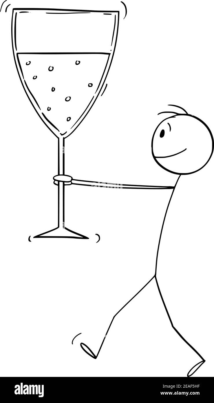 Man carrying or holding big glass of champagne or wine to celebrate success, vector cartoon stick figure or character illustration. Stock Vector