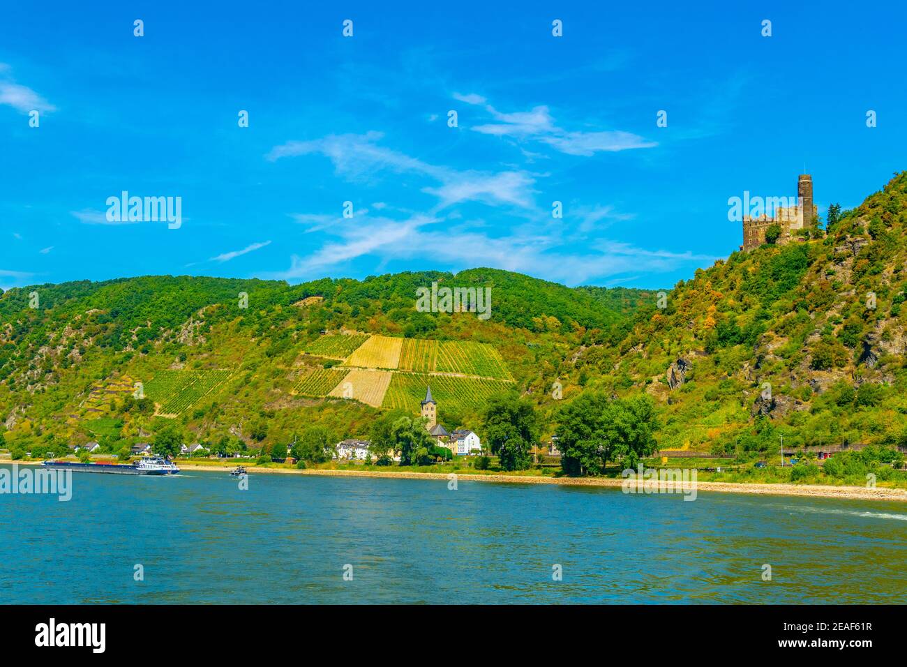Burg Maus overlooking Rhein river in Germany Stock Photo