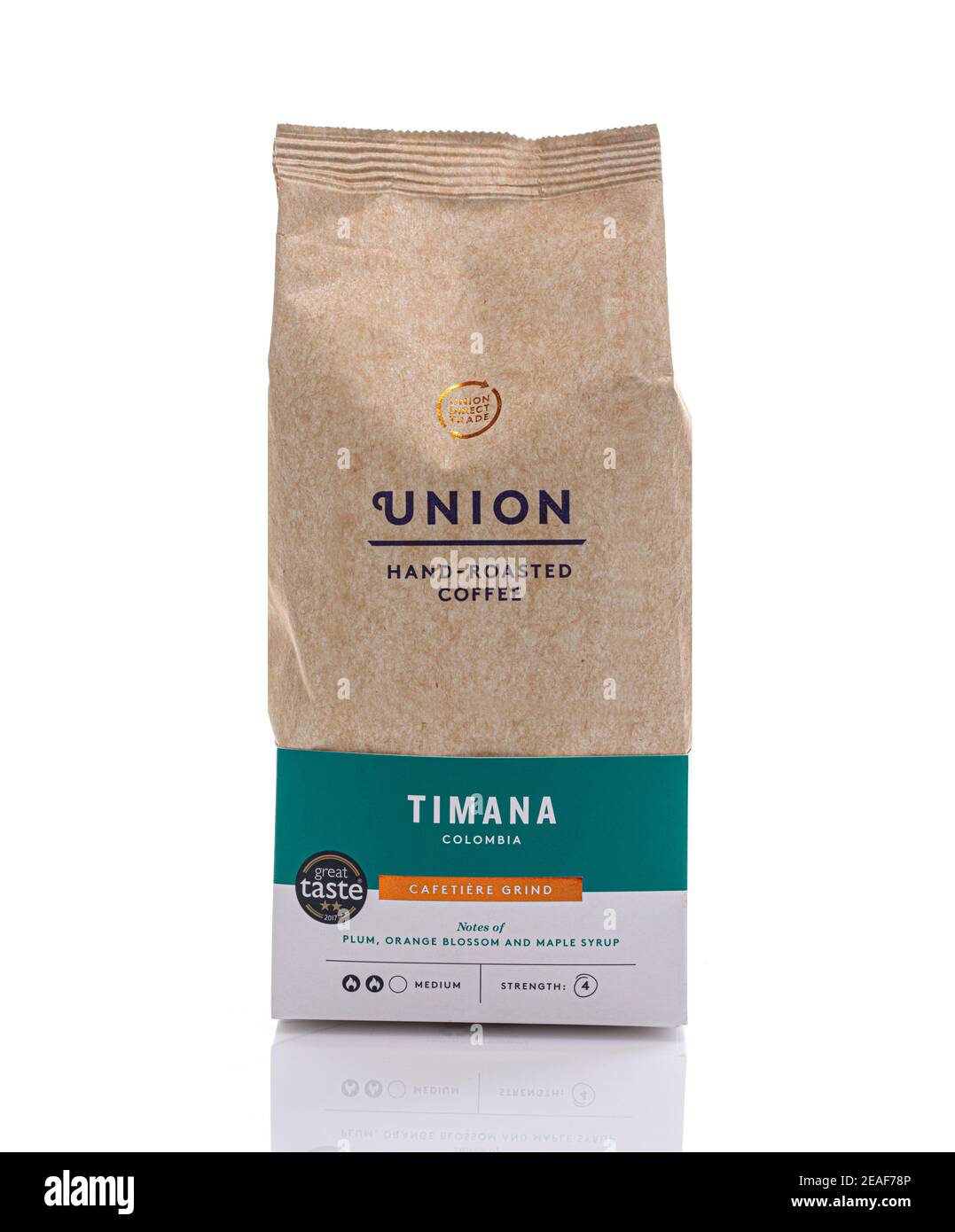 SWINDON, UK - FEBRUARY 2, 2021:  Packet of Union Timana Columbia Hand Roasted Ground Coffee with notes of Plum, Orange blosom and maple syrup - Cafeti Stock Photo