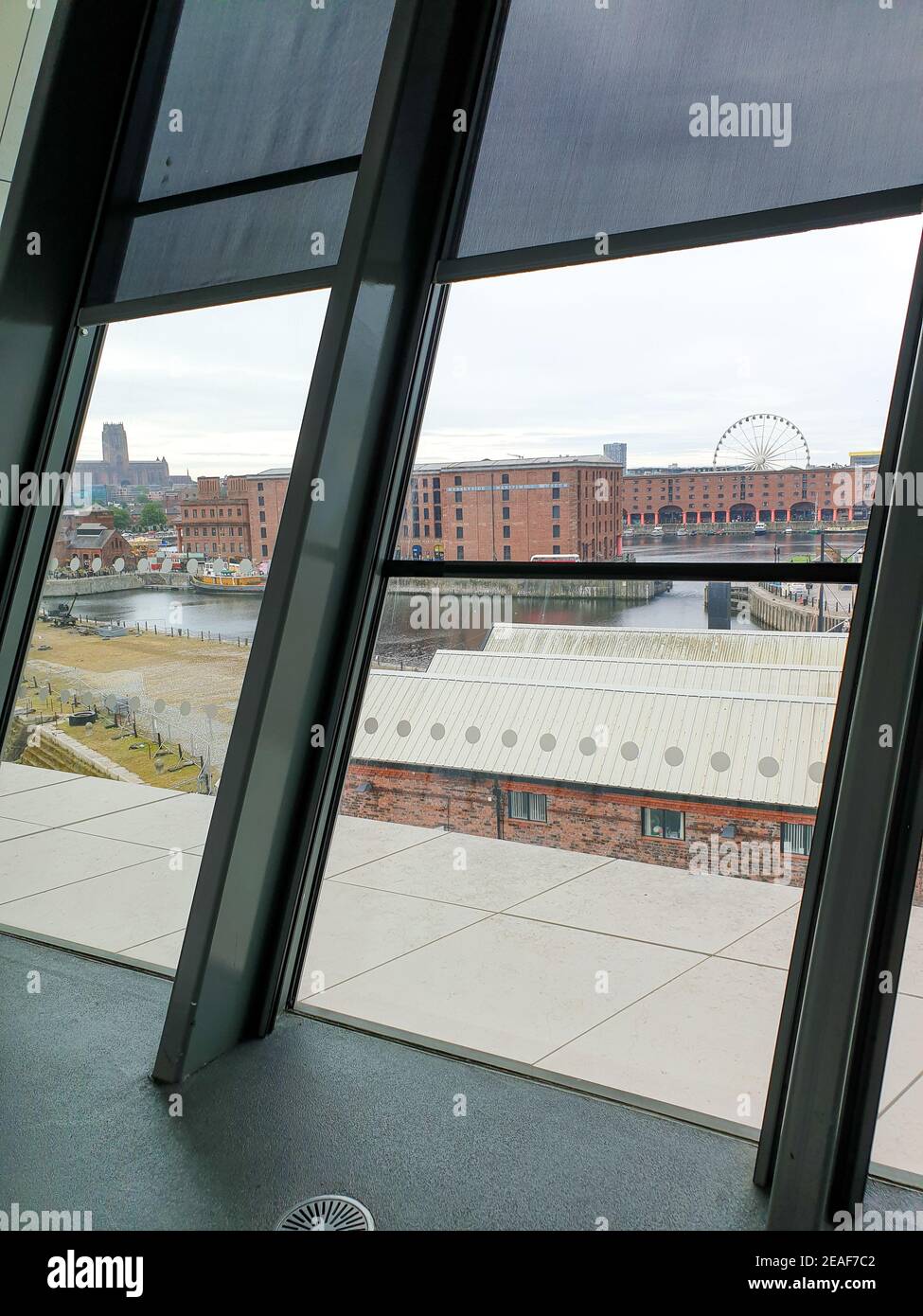 View of Royal Albert Docks from Museum of Liverpool windows Stock Photo
