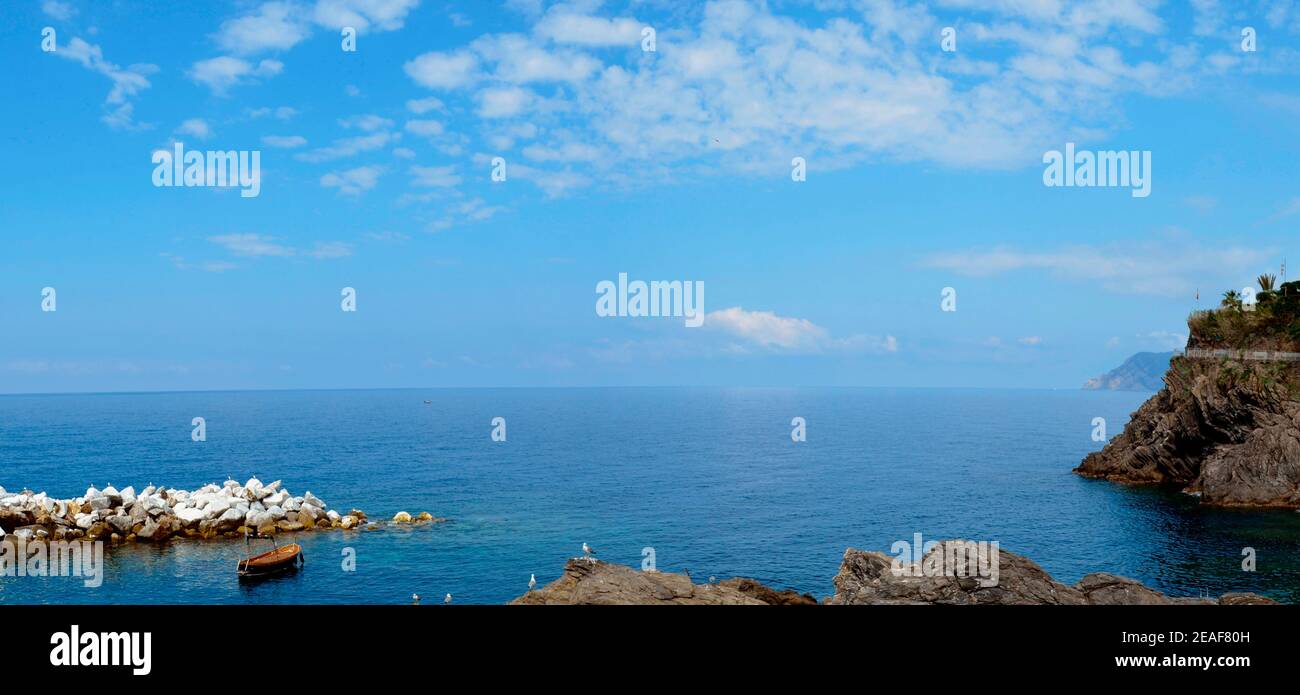 View from the Fishermen Harbor in Manarola Village on the Ligurian Coast of Italy Stock Photo