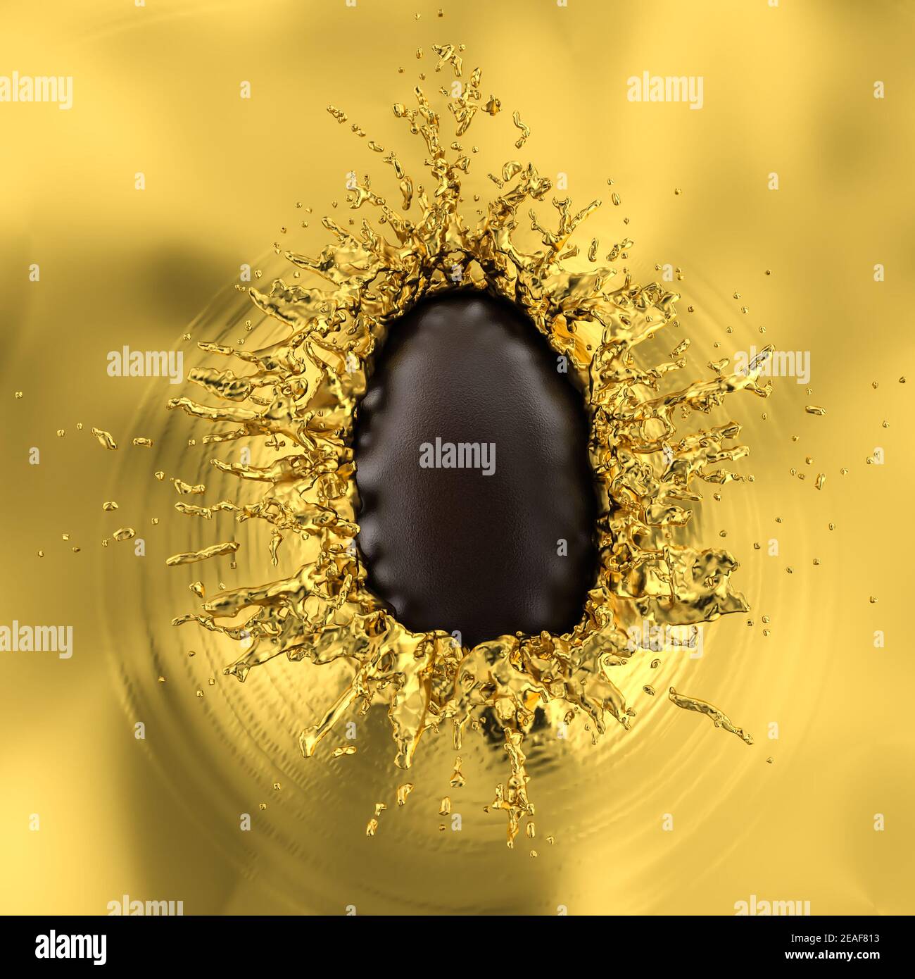 chocolate egg falling and impacting liquid gold. 3d render. Stock Photo