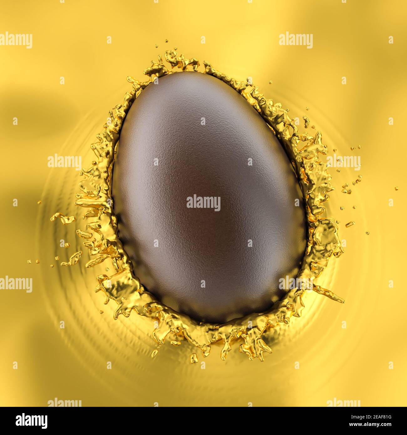 chocolate egg falling and impacting liquid gold. 3d render Stock Photo