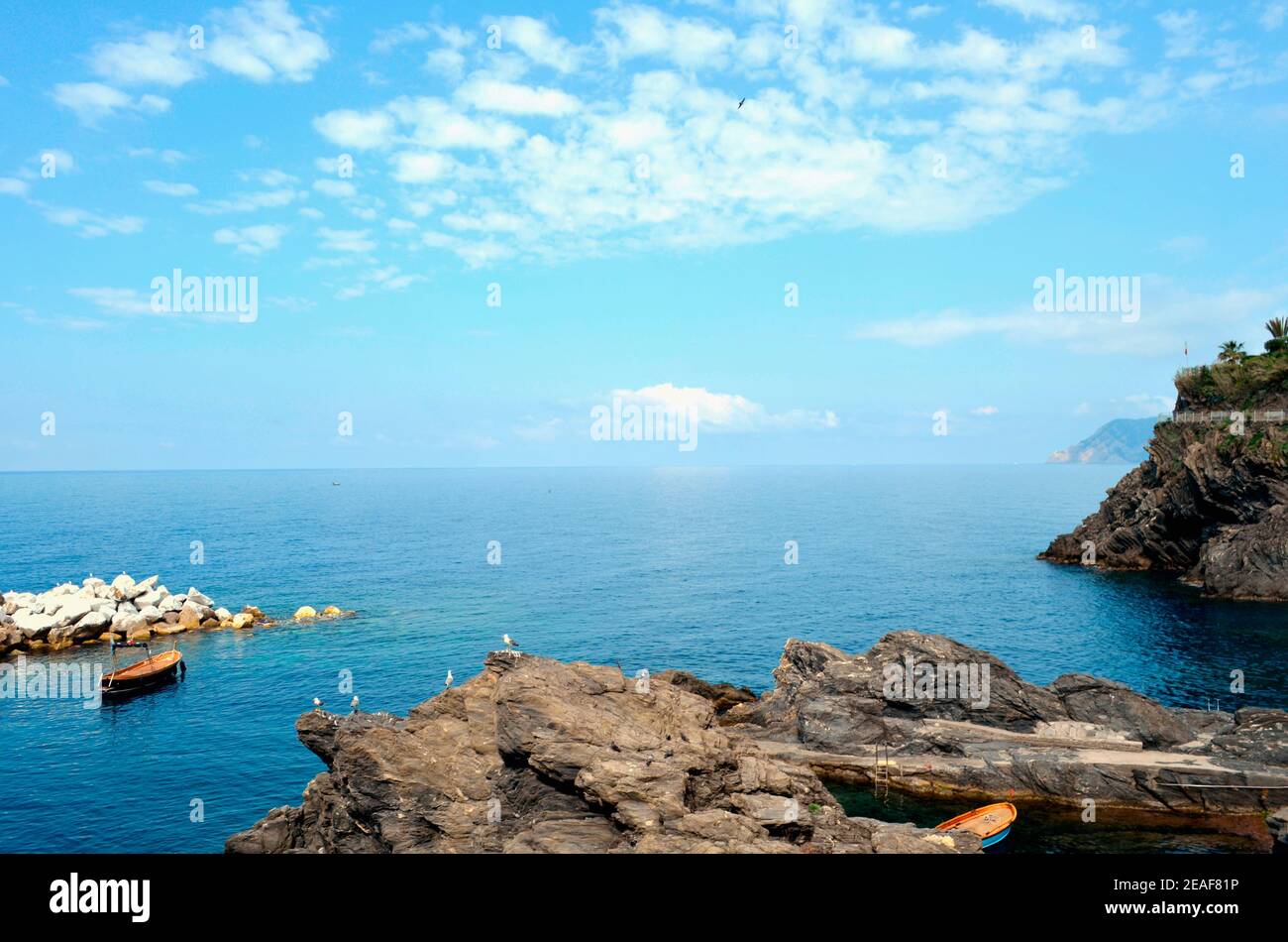 View from the Fishermen Harbor in Manarola Village on the Ligurian Coast of Italy Stock Photo