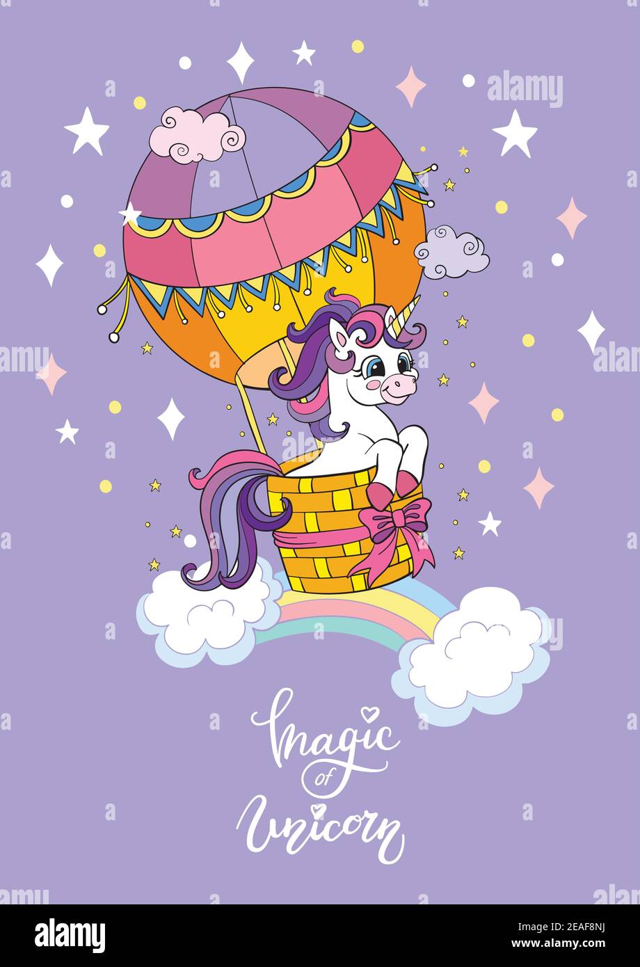 Cute cartoon unicorn flying in a hot air balloon. Vector vertical ...