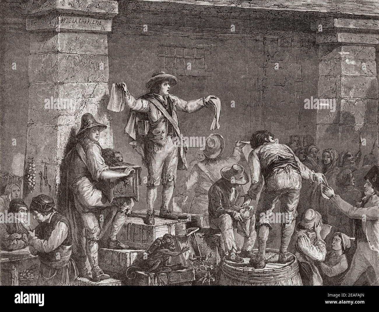 During the French Revolution, an enterprising citizen organises a Loterie de la Sainte Guillotine, he is seen here reading out the names of the winners.  According to Wikipedia a number was attached to the head of each person to be executed and then after all the executions, the executioner would pull out one head and the people with the number that matched the one on the head were awarded prizes. From Histoire de la Revolution Francaise Stock Photo