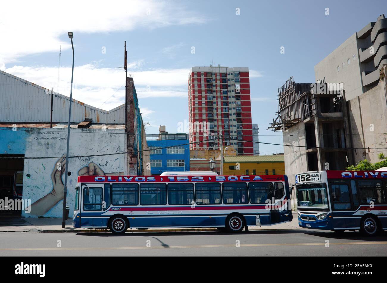 Buenos Aires, Argentina - January, 2020: Buses in La Boca district on end stop of route 152 from Olivos to La Boca Stock Photo