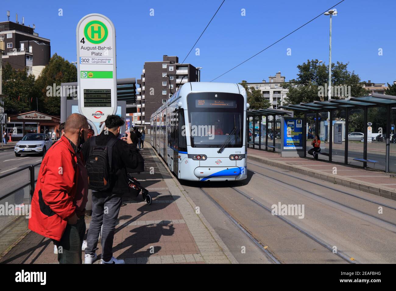 BOCHUM, GERMANY - SEPTEMBER 17, 2020: People wait at a tram stop in  Wattenscheid, Germany. Bogestra operates network of electric trams in Bochum,  Gels Stock Photo - Alamy