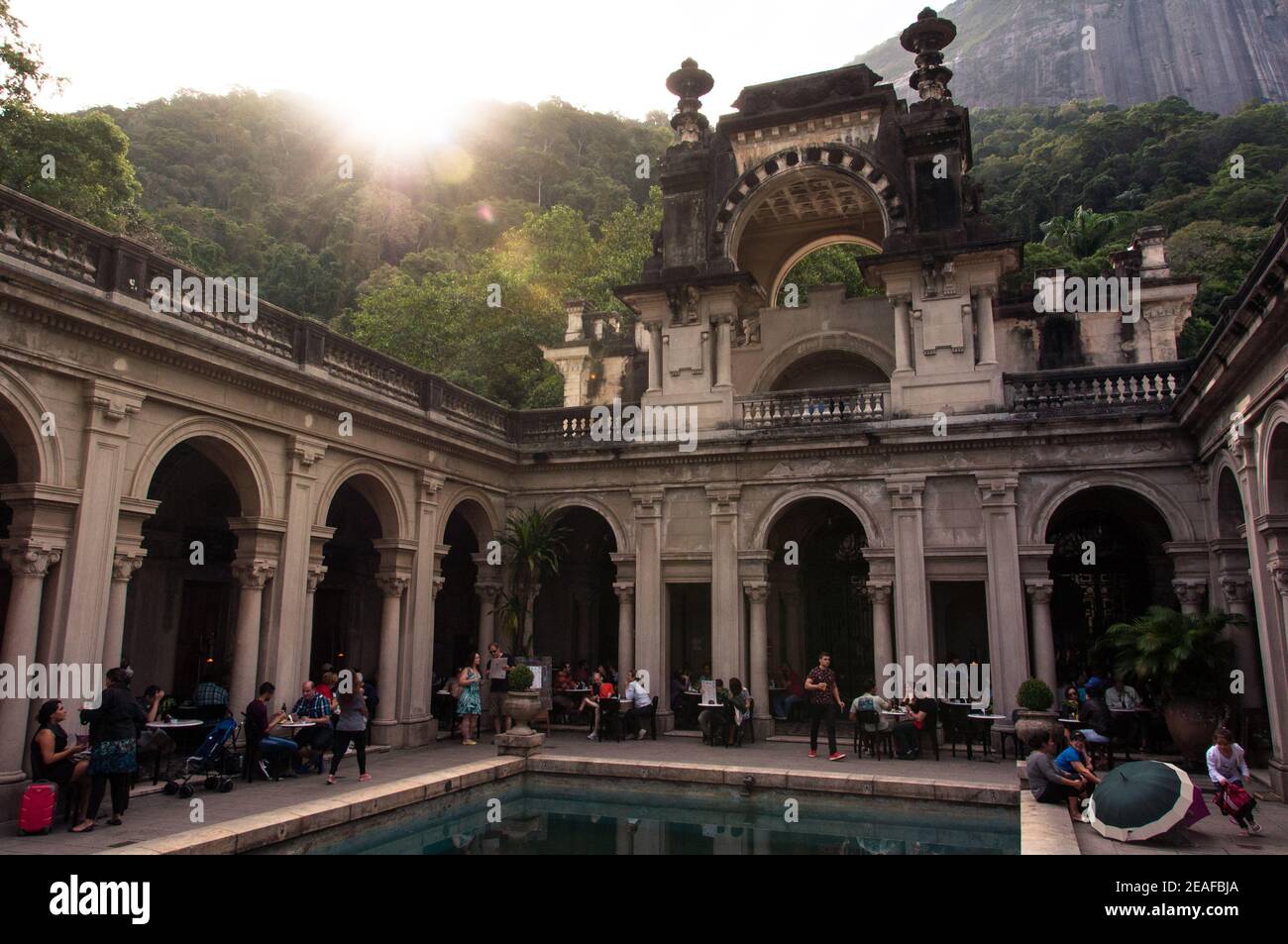 RIO DE JANEIRO, BRAZIL - JUNE 21, 2015: Courtyard of the mansion of Parque Lage. Visual Arts School and a cafe are open to the public. Stock Photo