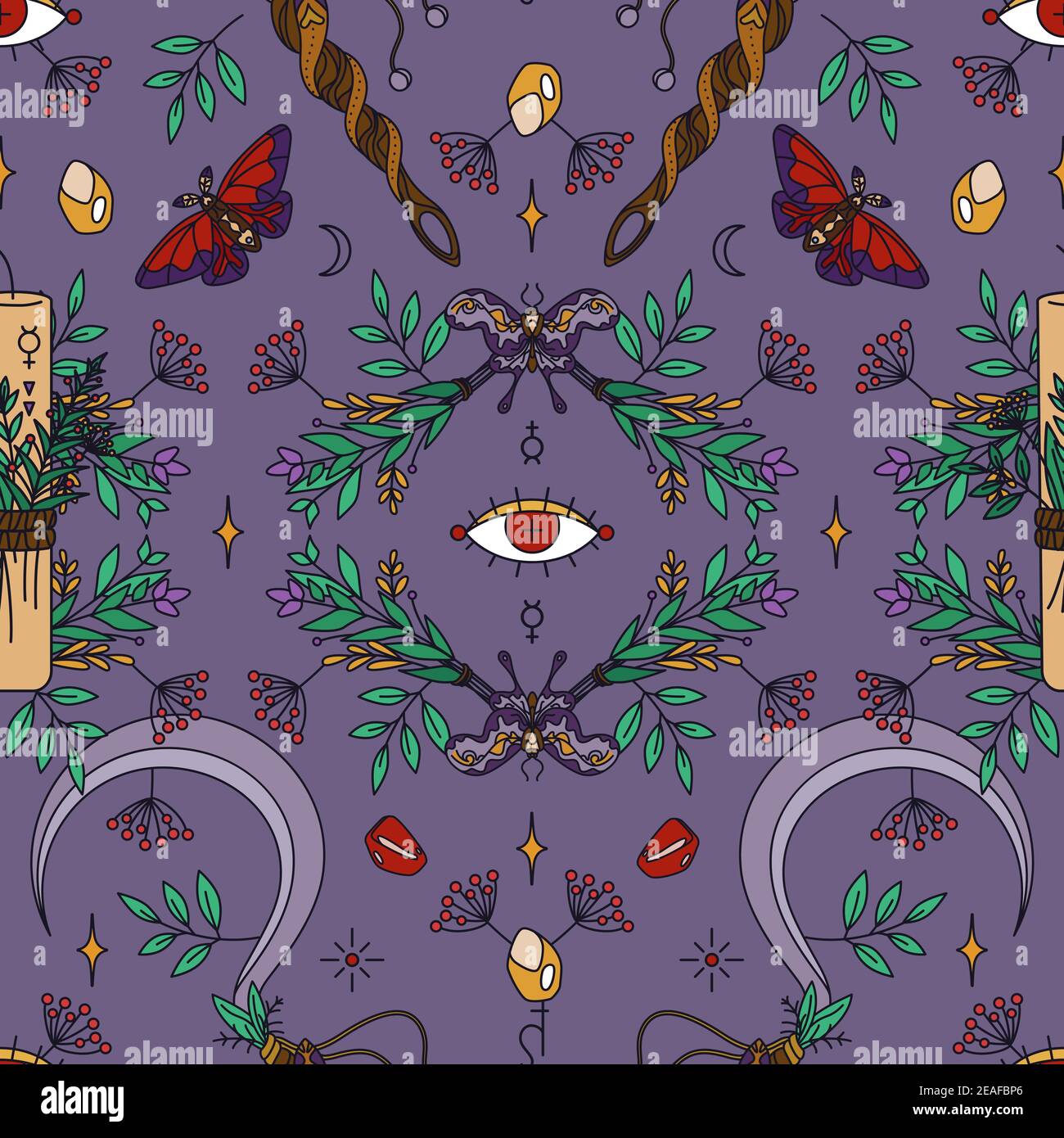 Seamless wicca pattern with candles, sickles, twigs and moths. Herbal healing and shamanism - esoteric print design Stock Vector