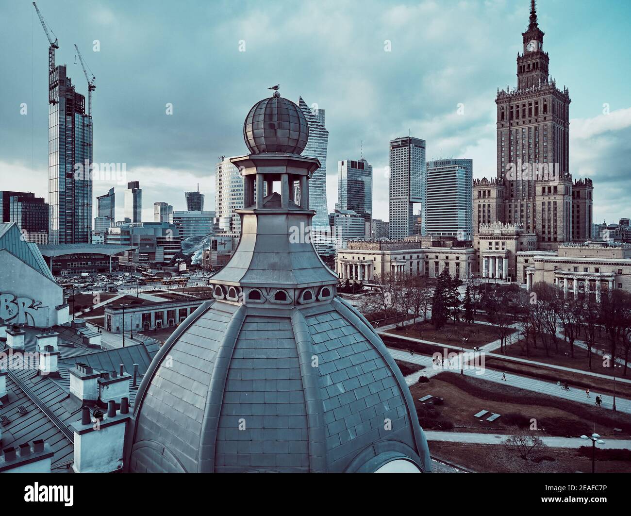 WARSAW, POLAND - February 05, 2021: Beautiful panoramic aerial drone view  on Warsaw City Skyscrapers, PKiN, and Varso Tower under construction and  19t Stock Photo - Alamy