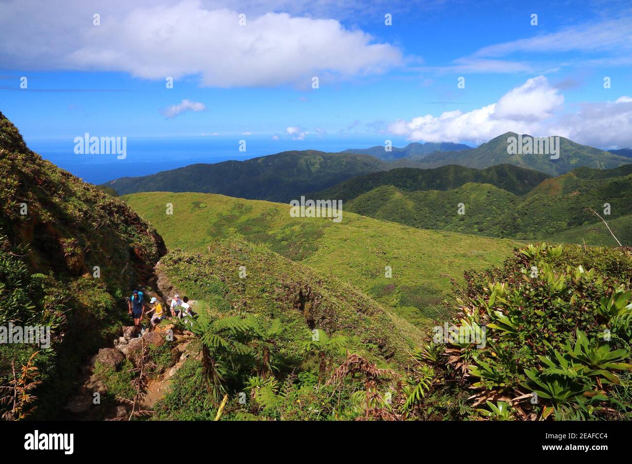 GUADELOUPE, FRANCE DECEMBER 1, 2019 People hike the summit trail to