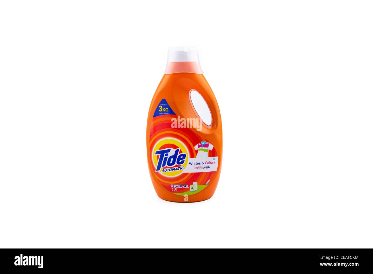 Tide automatics gel bottle on isolated background. hygiene products for washing cloth Stock Photo