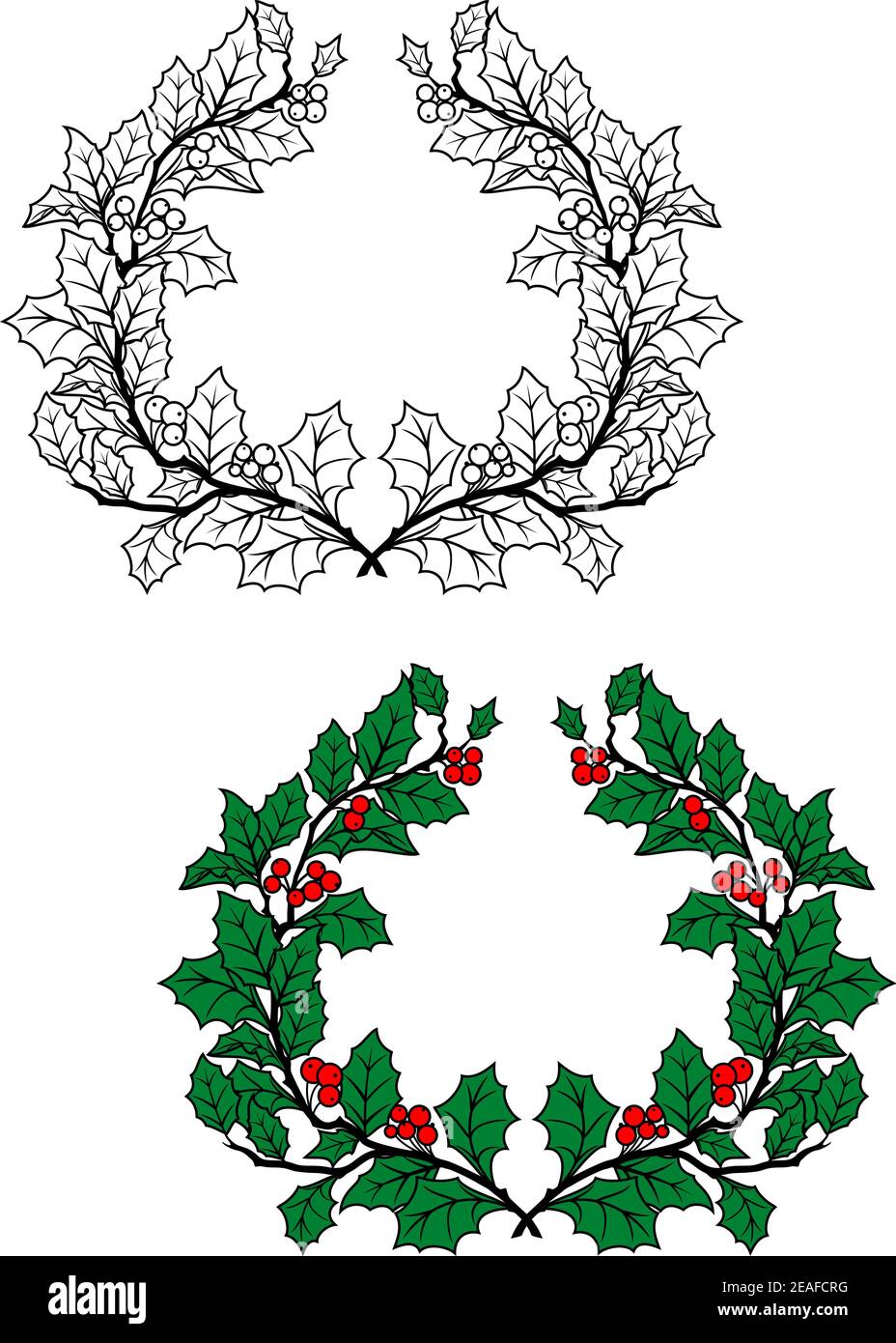 Christmas holly wreath with green leaves and red berries in retro style ...