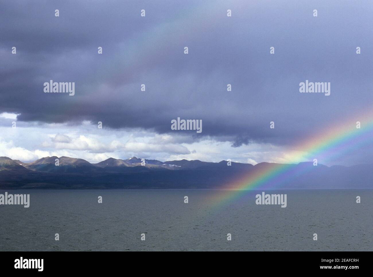 Spectacular double rainbow over the Beagle Channel, Argentina Stock Photo