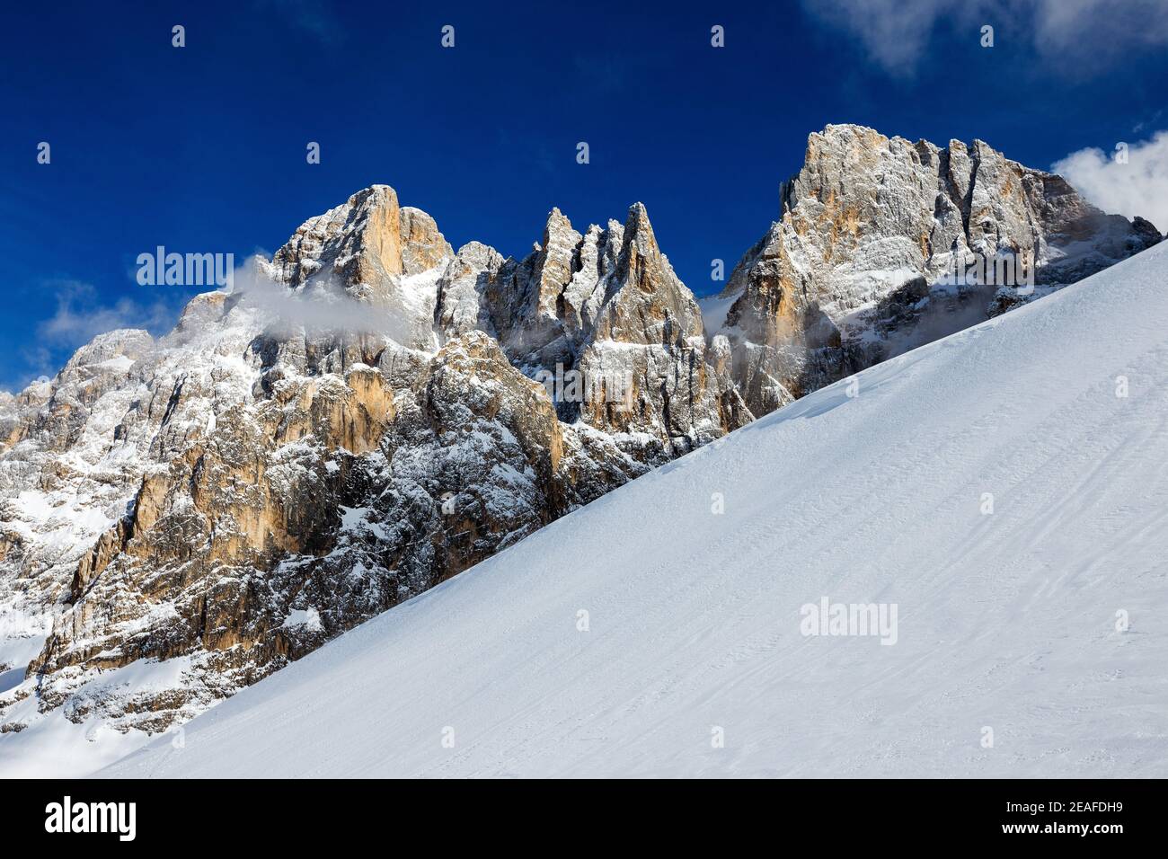 Pale di San Martino. Bureloni and Vezzana mountain peaks. Winter season. Trentino. Italy. Europe. Stock Photo