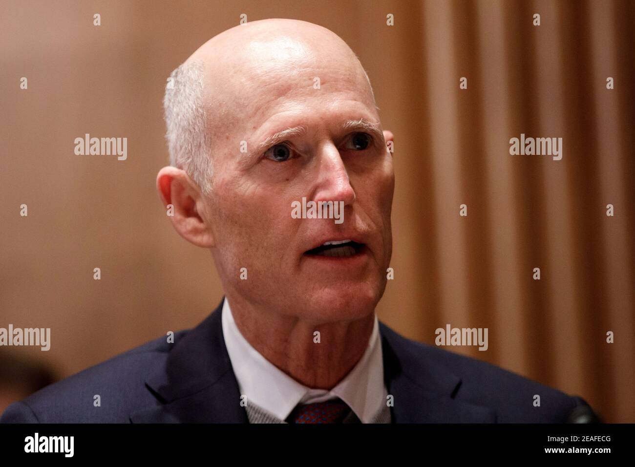 United States Senator Rick Scott (Republican of Florida), speaks during a Senate Homeland Security and Governmental Affairs Committee confirmation hearing for Neera Tanden, director of the Office and Management and Budget (OMB) nominee for U.S. President Joe Biden, in Washington, D.C., U.S., on Tuesday, Feb. 9, 2021. Tanden, who pledged to work with both parties after drawing sharp criticism from Republicans for sniping at them on social media, worked on the Affordable Care Act during the Obama years and was an aide to Hillary Clinton from her time as first lady. Credit: Ting Shen / Pool via C Stock Photo