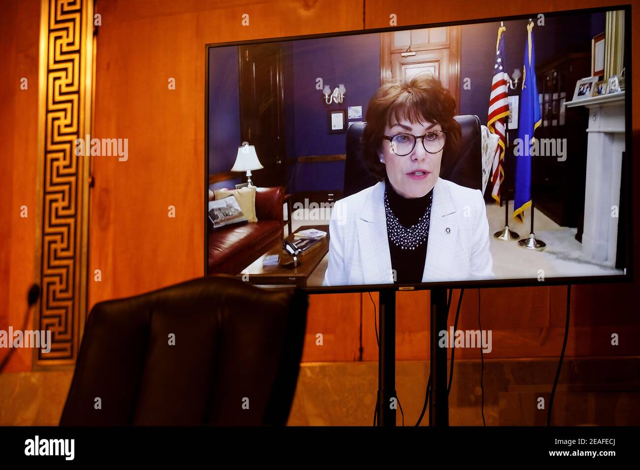 United States Senator Jacky Rosen (Democrat of Nevada), appears remotely during a Senate Homeland Security and Governmental Affairs Committee confirmation hearing for Neera Tanden, director of the Office and Management and Budget (OMB) nominee for U.S. President Joe Biden, in Washington, D.C., U.S., on Tuesday, Feb. 9, 2021. Tanden, who pledged to work with both parties after drawing sharp criticism from Republicans for sniping at them on social media, worked on the Affordable Care Act during the Obama years and was an aide to Hillary Clinton from her time as first lady. Credit: Ting Shen / Po Stock Photo