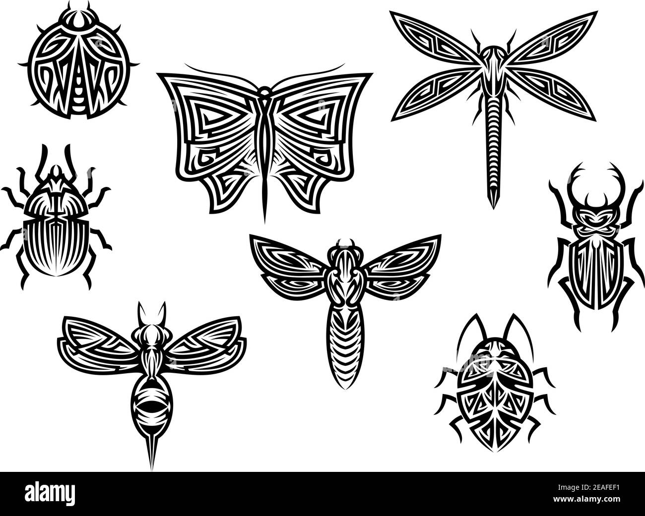 Insects in tribal ornamental style for tattoo design. Dragonfly, butterfly,  bee, bug and grasshopper Stock Vector Image & Art - Alamy