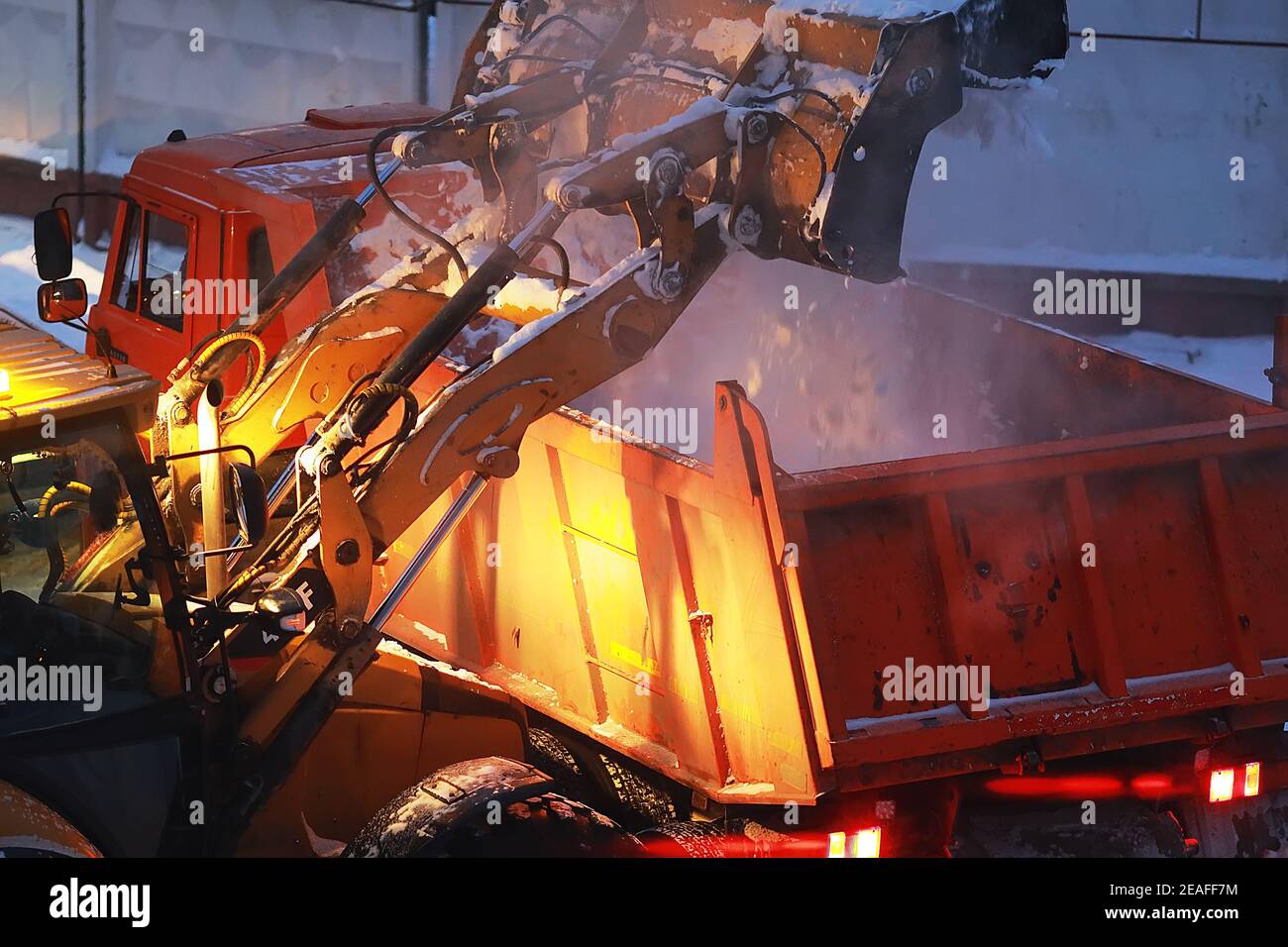 An excavator loads snow into the back of a dump truck at night.  Stock Photo