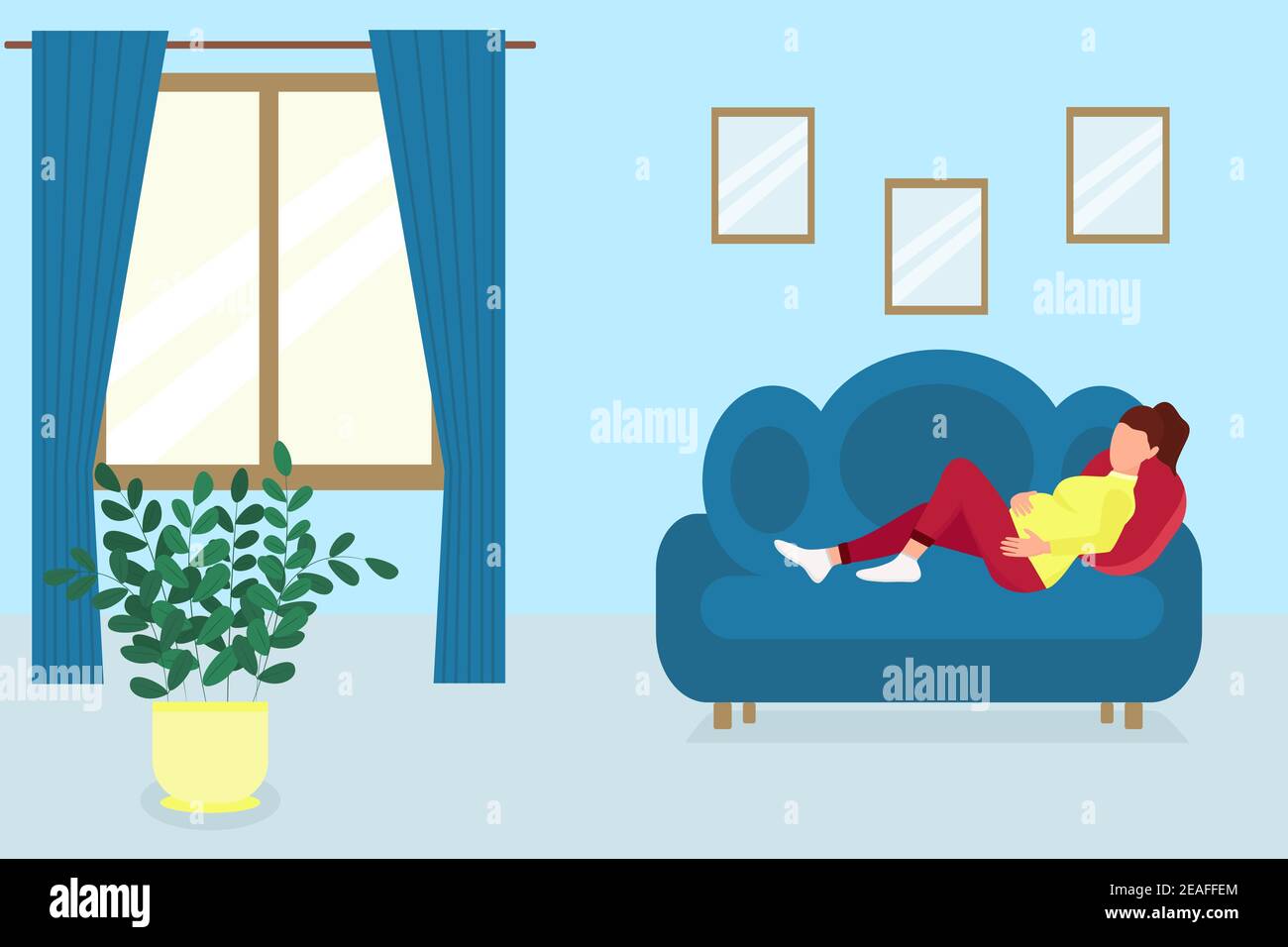 A pregnant woman lies on the couch in the room. Vector pregnant girl resting at home. Flat illustration, concept. Stock Vector