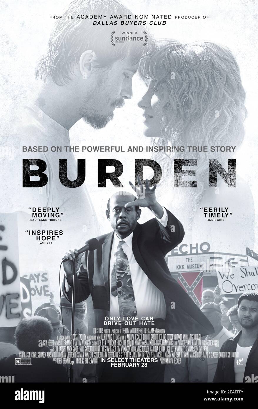 Burden (2018) directed by Andrew Heckler and starring Forest Whitaker, Andrea Riseborough, Garrett Hedlund and Crystal Fox. A local preacher tries to persuade the KKK to abandon its racist past. Stock Photo