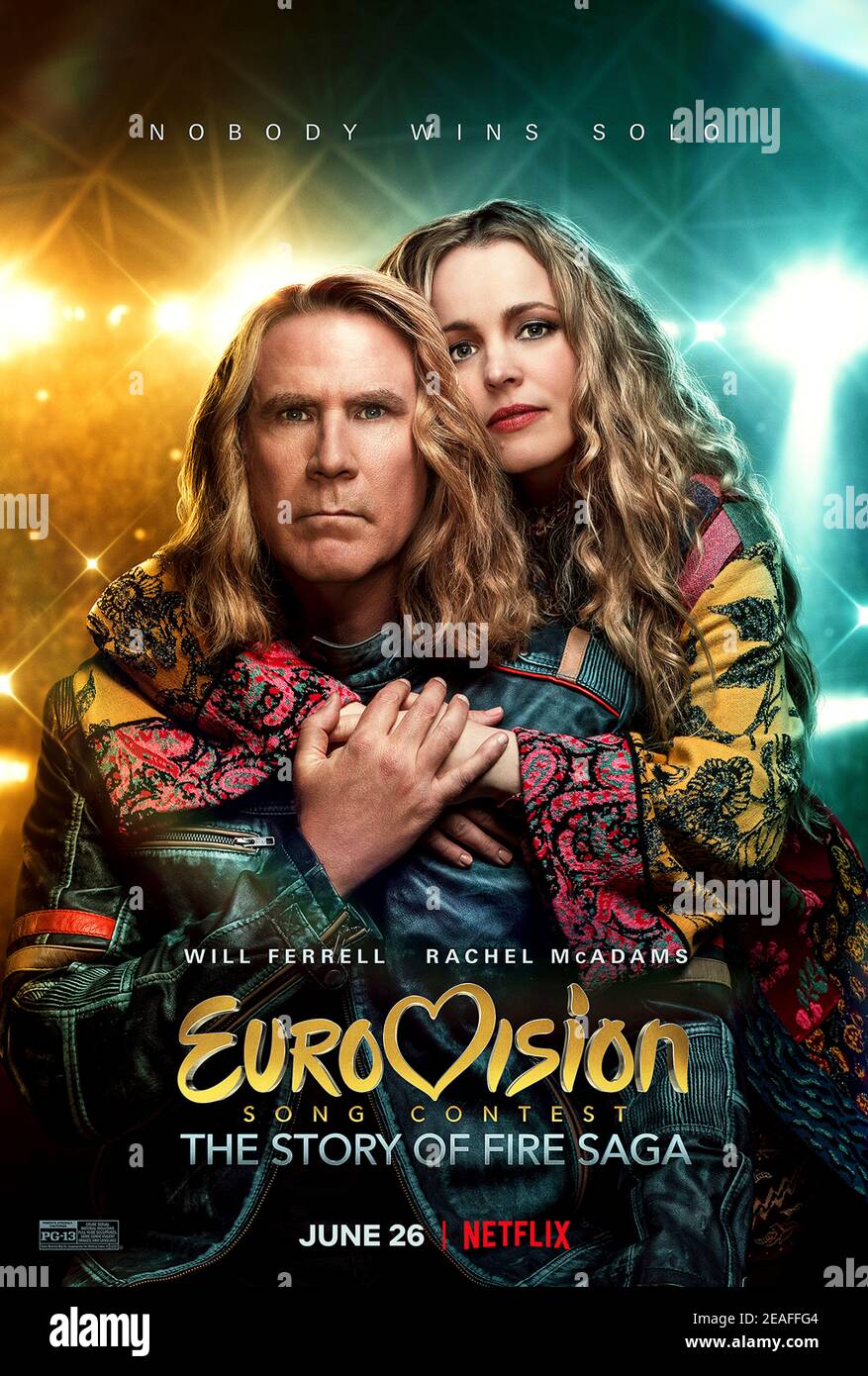 Eurovision Song Contest: The Story of Fire Saga (2020) directed by David Dobkin and starring Will Ferrell, Rachel McAdams and Dan Stevens. Aspiring musicians Lars and Sigrit are given the opportunity to represent Iceland at the Eurovision Song Contest. Stock Photo