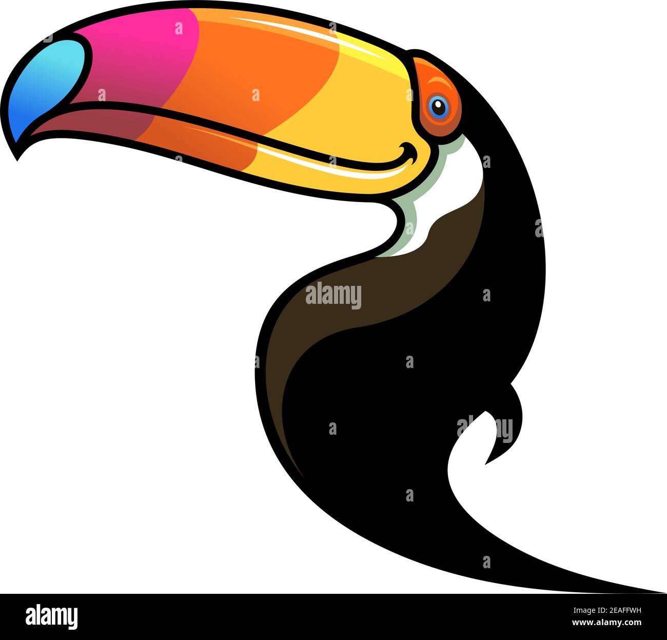 Cartoon black toucan with a large colourful multicoloured beak isolated on white Stock Vector