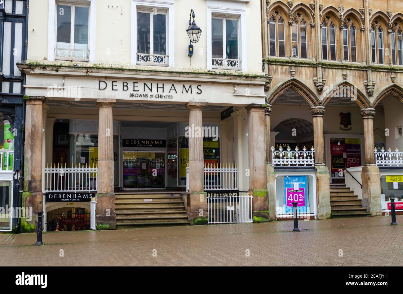 Chester; UK: Jan 29, 2021: The Debenhams department store on Eastgate Street was the only shop in the chain to retain its original name Browns of Ches Stock Photo