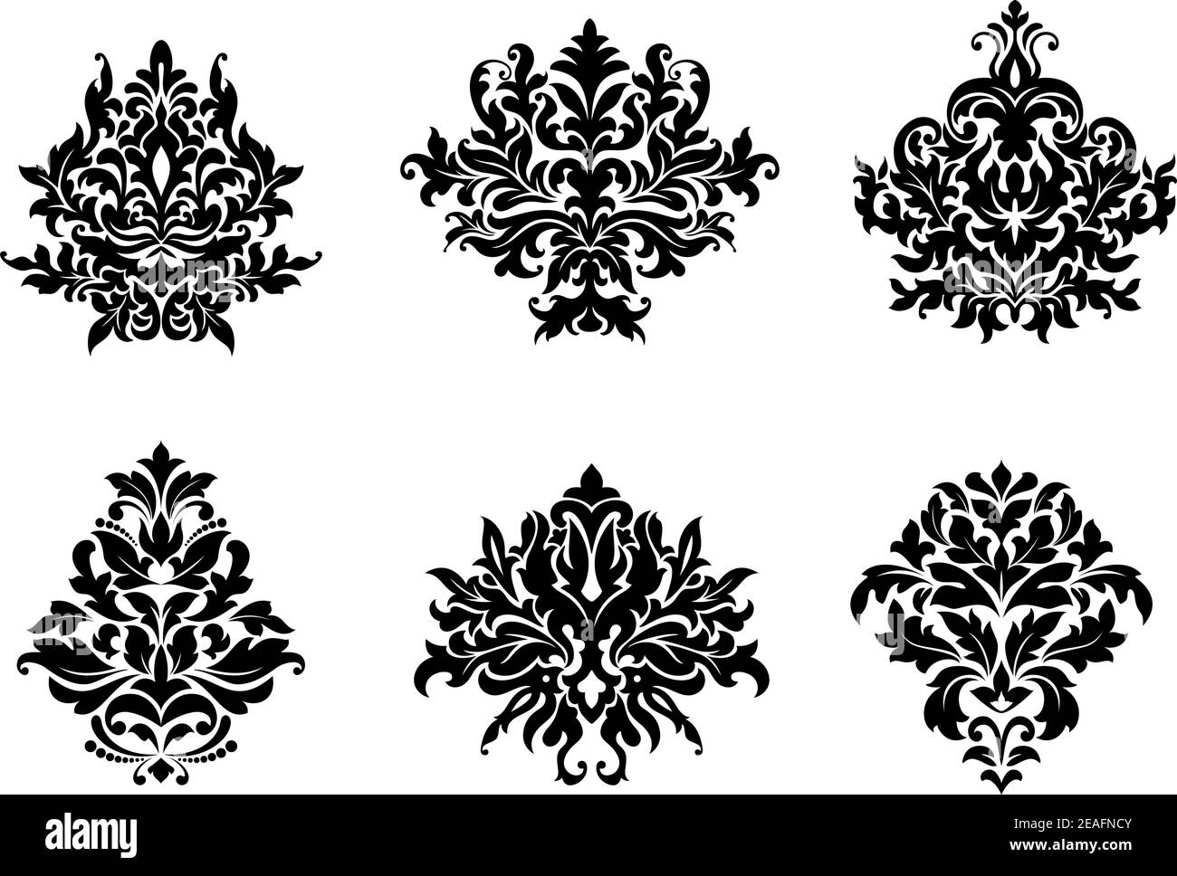 Black silhouetted floral and foliate damask design elements Stock Vector