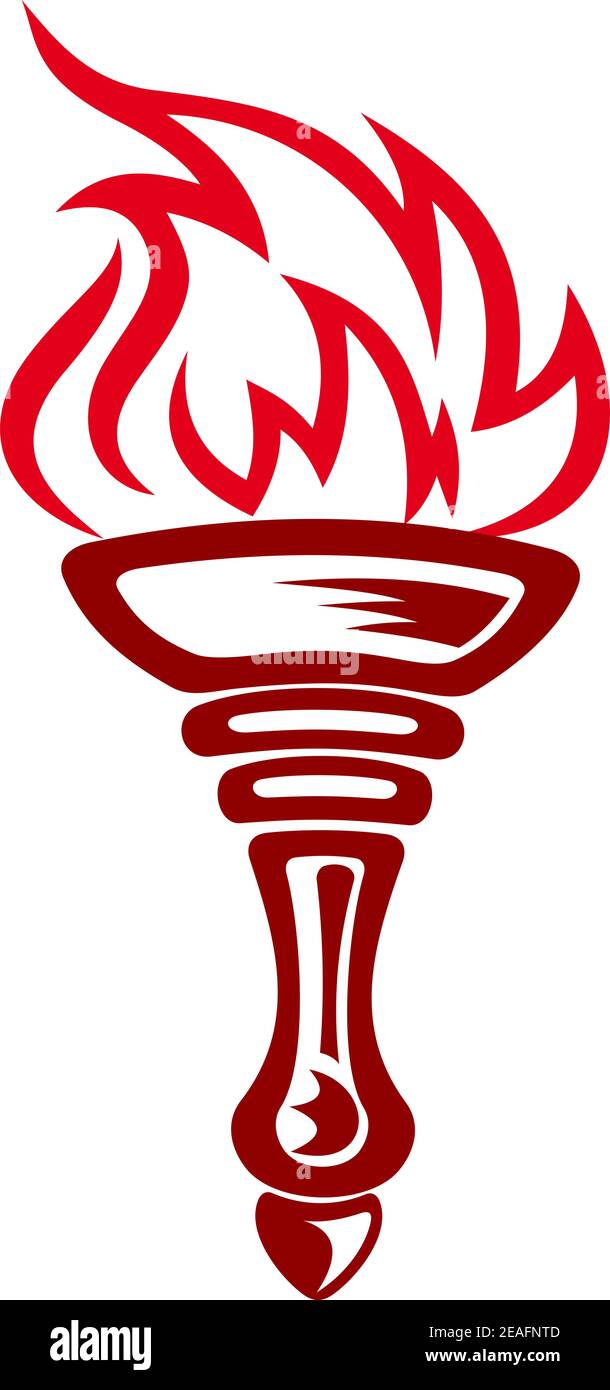 cartoon illustration of a burning torch with red flames in a metal holder styled on the ancient Greek torches used in the Olympic games Stock Vector