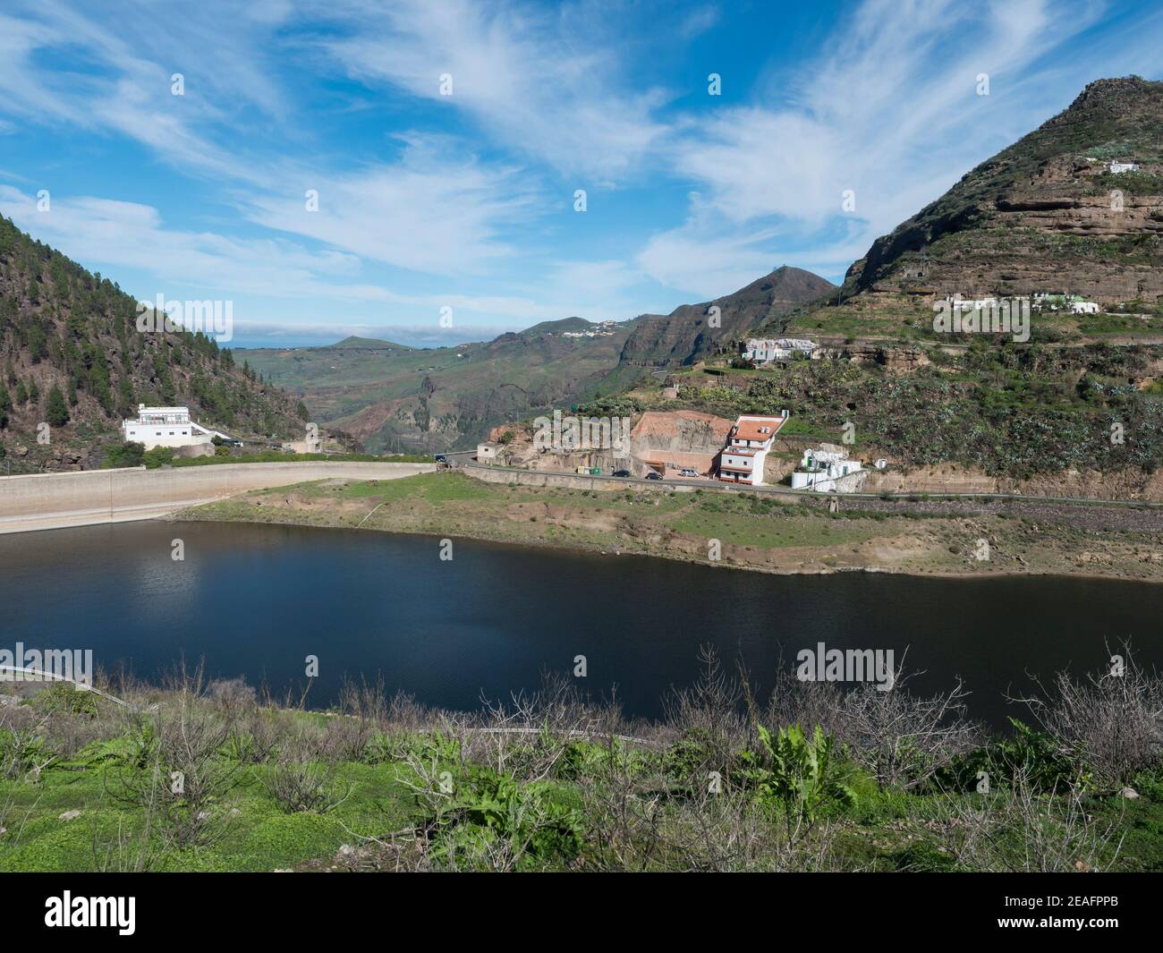 View of sweet water dam Presa de Los Perez lake in Tamadaba nature park. Gran Canaria, Canary Islands, Spain Stock Photo