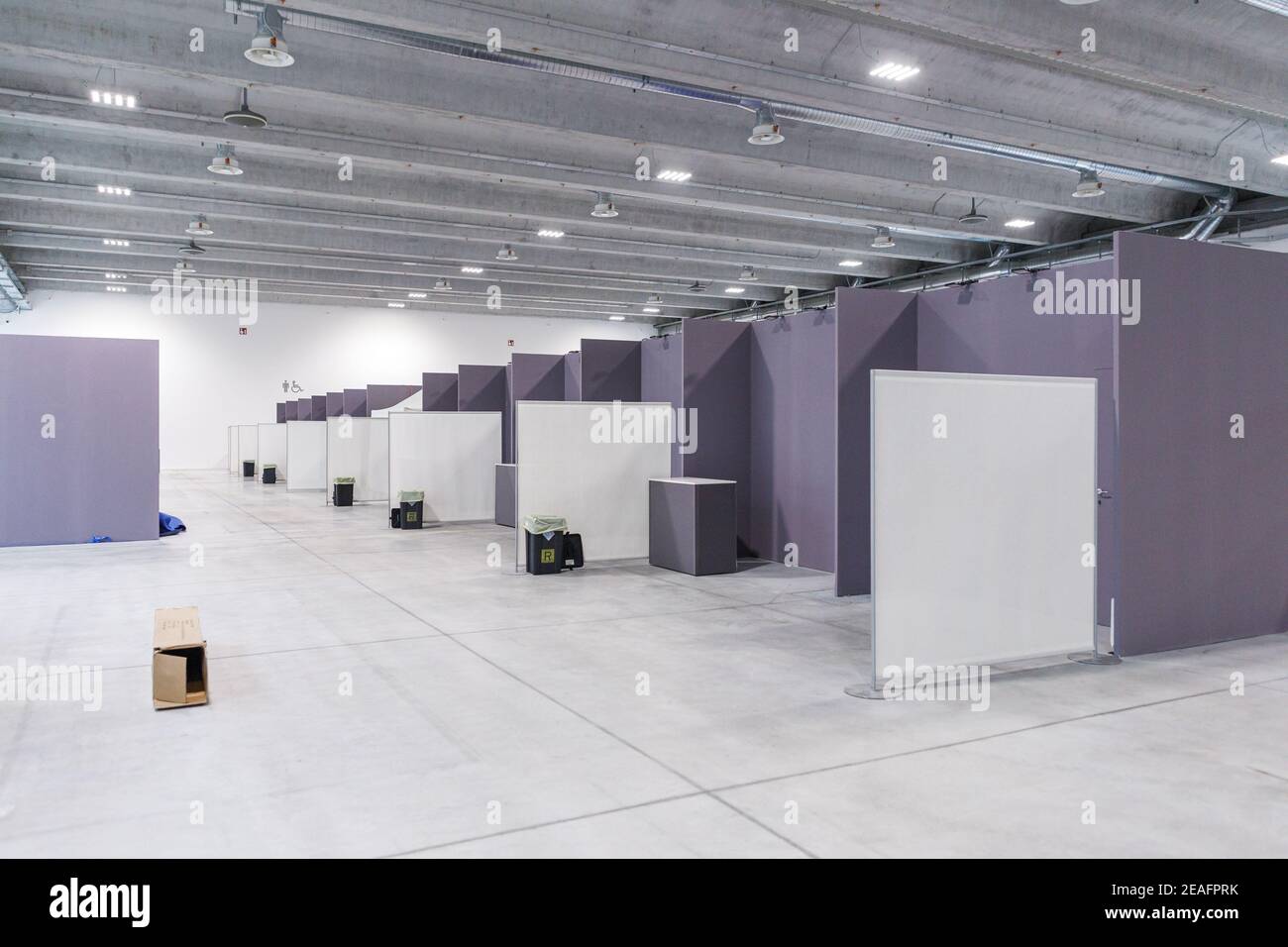 View of the Volvo Congress Center vaccination area during the preparation phase on 30 December 2020 in Bologna, Italy. The first doses of the COVID va Stock Photo