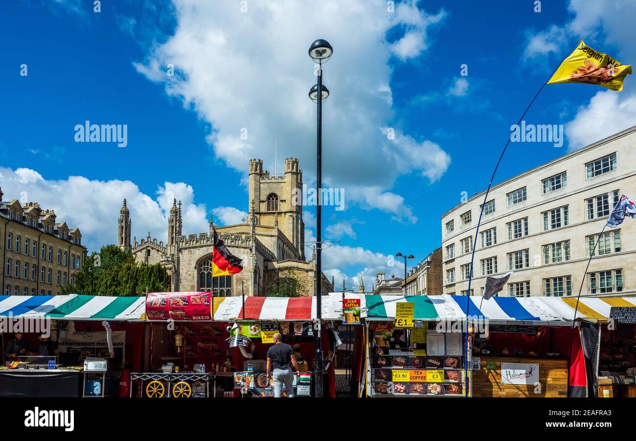 Cambridge Market Food Stalls - Street Food stalls Cambridge Market in the historic centre of Cambridge UK Stock Photo