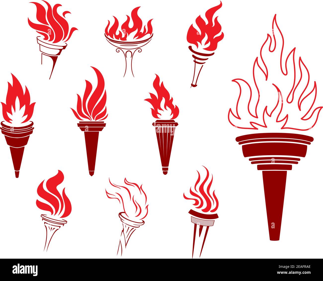 Collection of burning torches with flames in different shaped and sized sconces suitable as design elements Stock Vector