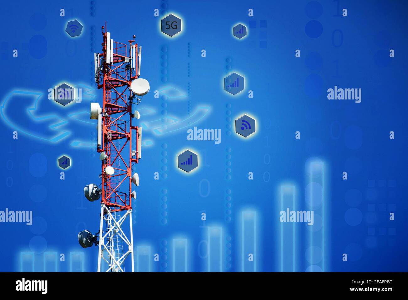 Base Station Telecommunication tower. Wireless Communication Antenna Transmitter on blue background with copyspace. 4g or 5G Network Connection. Cover Stock Photo