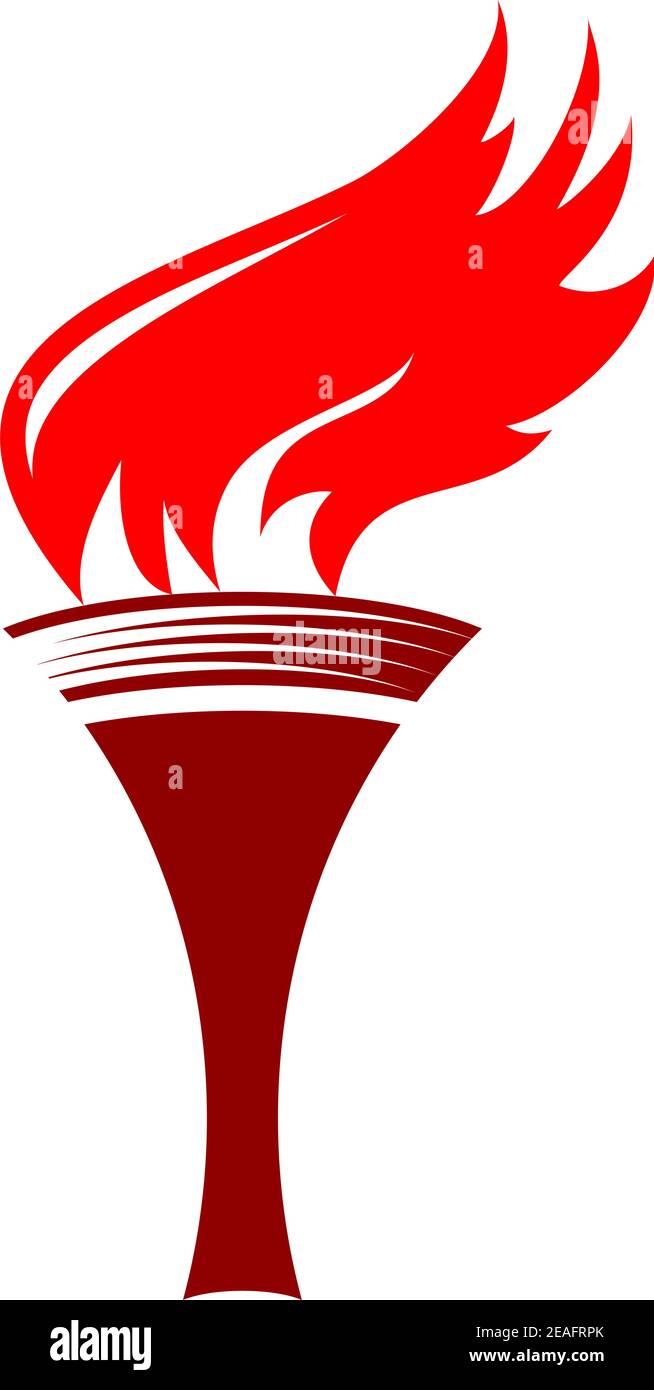 Cartoon illustration of a flaming torch based on the torches of ancient Greece and Rome in a simple sconce in shades of red and maroon on white Stock Vector