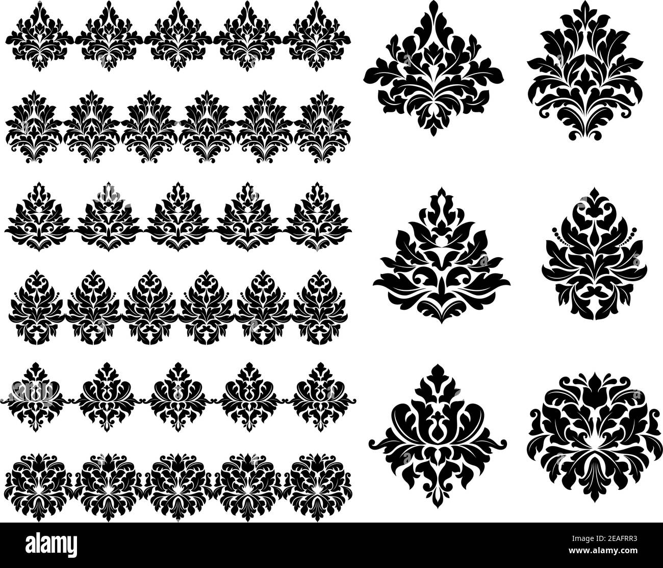 Collection of black silhouetted floral and foliate design elements as arabesques Stock Vector
