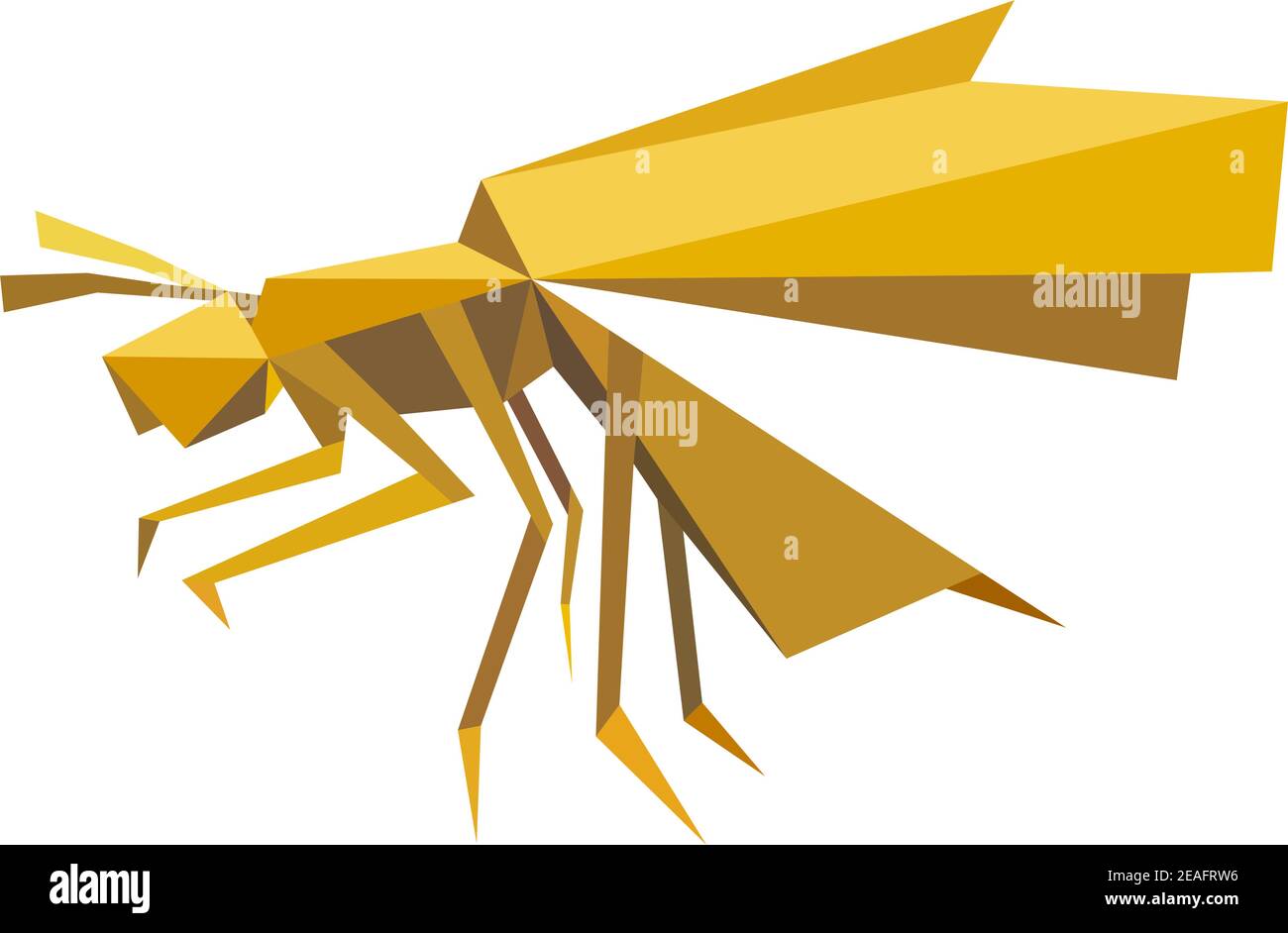 Flying bee insect in origami style composed of geometric elements and shapes with antennae, open wings and six legs in shades of brown isolated on whi Stock Vector