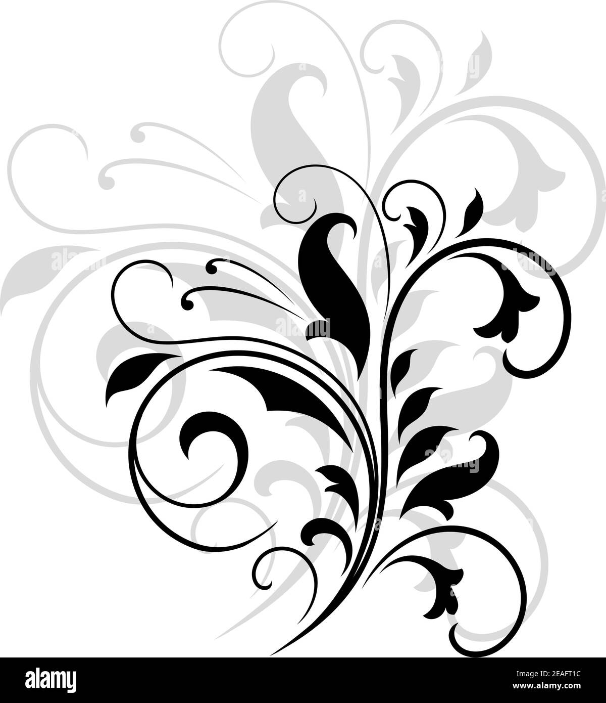 Elegant black and white swirling floral pattern with flourishes and an enlarged grey repeat behind Stock Vector
